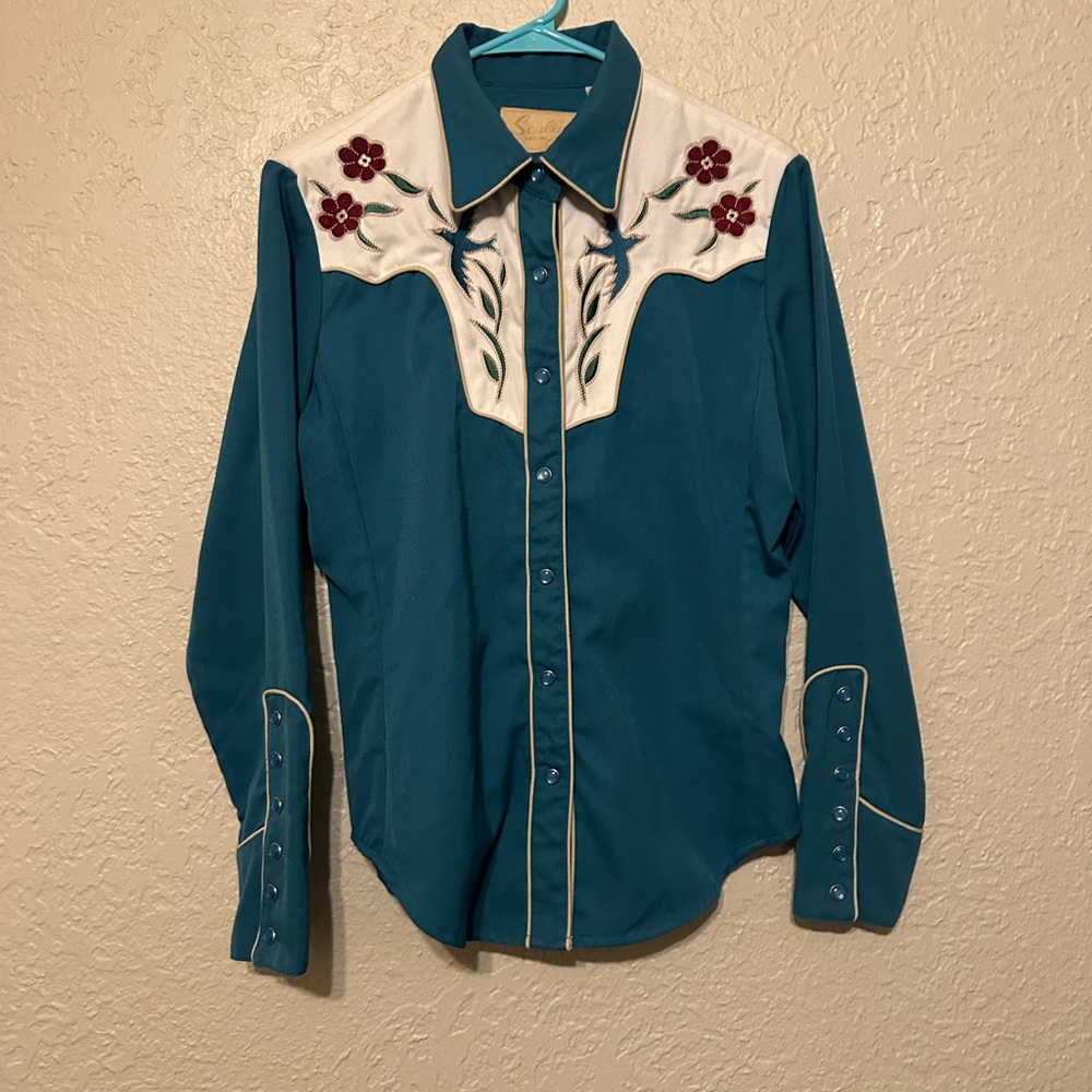 Scully Blue and Cream Pearl Snap with Western Embroidery